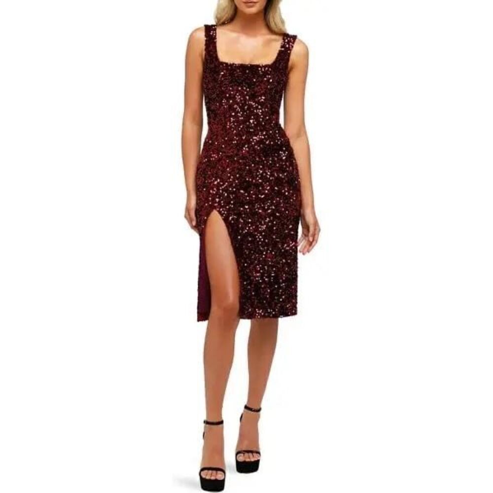 NEW Helsi Women's Beatrice Burgundy Sequin Slit Midi Dress Size Medium NWOT